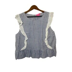 Lilly Pulitzer Ellis Top Blue Thistle Stripe Blouse Sleeveless Womens XL Ruffle
